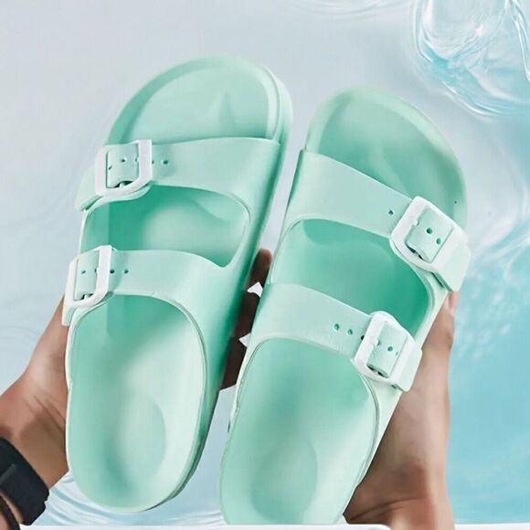 Women's Comfort Slides Double Buckle Adjustable EVA Flat Sandals Mint Size 10 - Picture 2 of 5